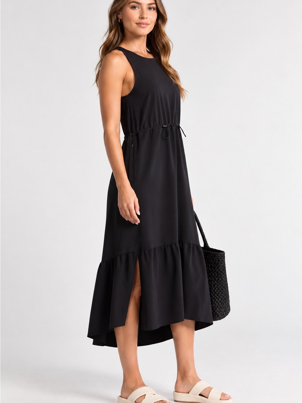 Zella Black Sleeveless Drawstring High-Low Midi Dress